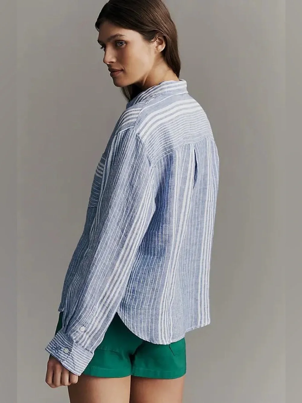 NWT Anthropologie Maeve Shrunken Bennet Linen Buttondown Shirt Blue Stripe - Picture 2 of 8